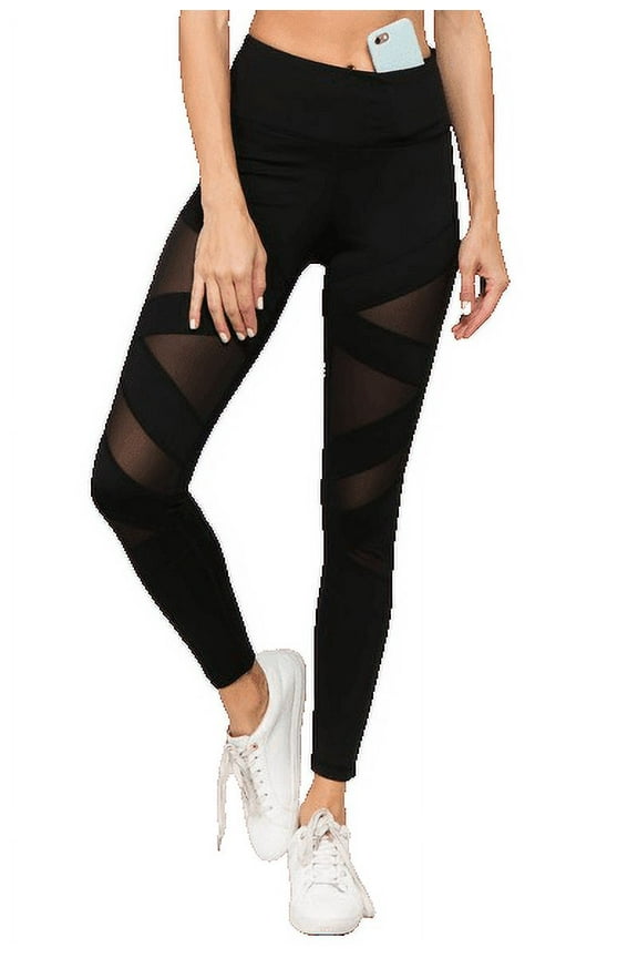 Women's Active Mesh Striped Single Pocket Leggings Black S