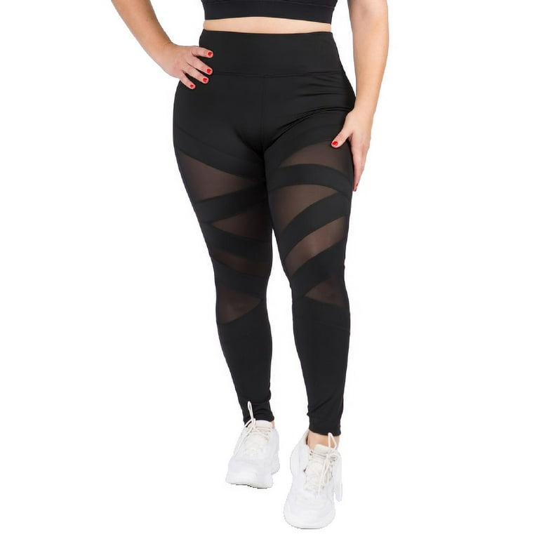 YELETE Women's Active Mesh Striped Single Pocket Leggings Black XL