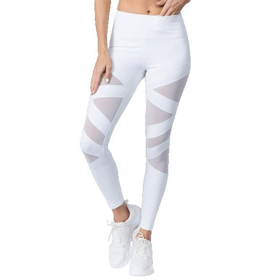 YELETE Women's Active Mesh Striped Single Pocket Leggings Bright White S