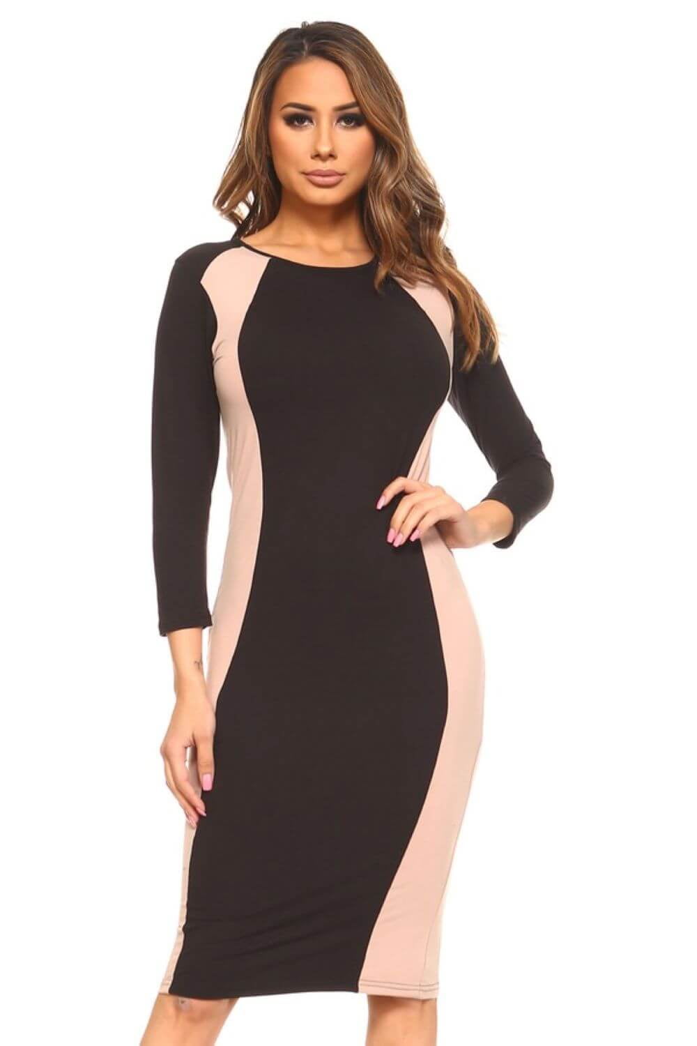 Yelete Women's Color Block Contrast Midi Dress, Black / Camel, M Yelete Women's Color Block Contrast Midi Dress, Black / Camel, M