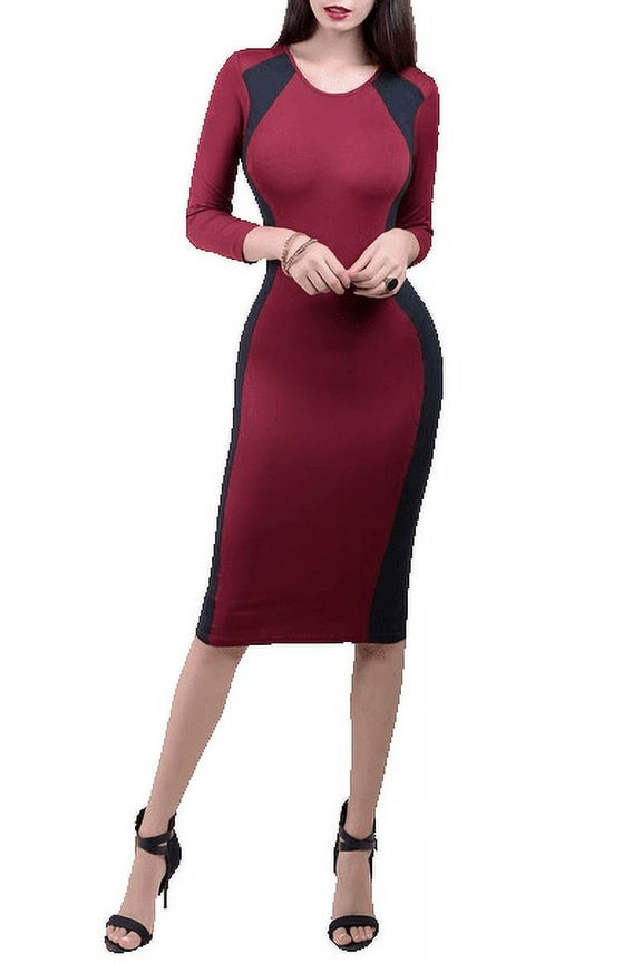 Women's Color Block Contrast Midi Dress, Burgundy / Black, M