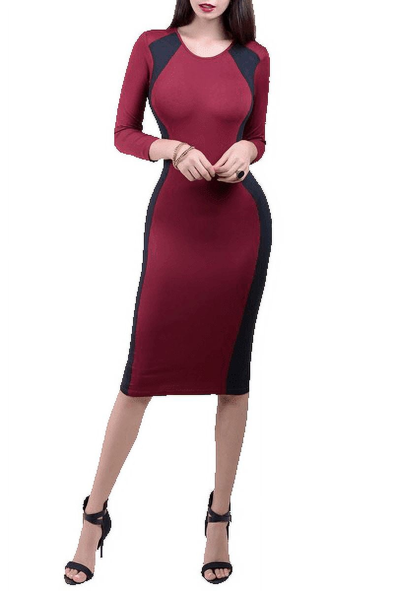 YELETE Women's Color Block Contrast Midi Dress, Burgundy / Black, S -  Walmart Business Supplies