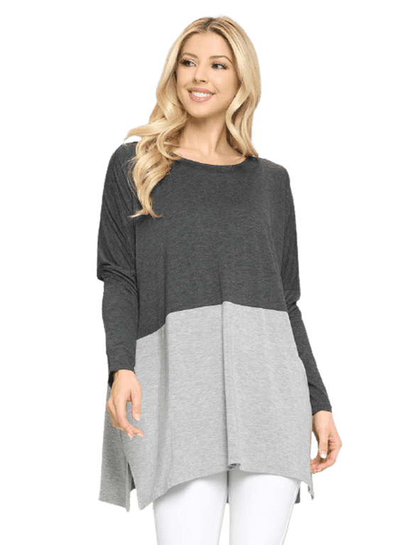 Women's Duo Split Color Dolman Sleeve Top, Charcoal / Grey L
