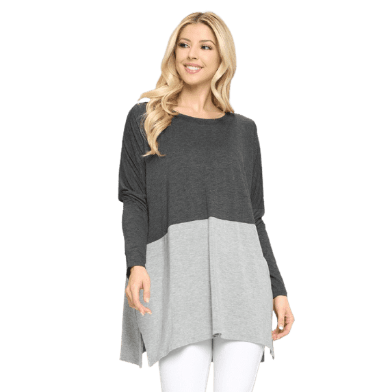YELETE Women's Duo Split Color Dolman Sleeve Top, Charcoal / Grey S