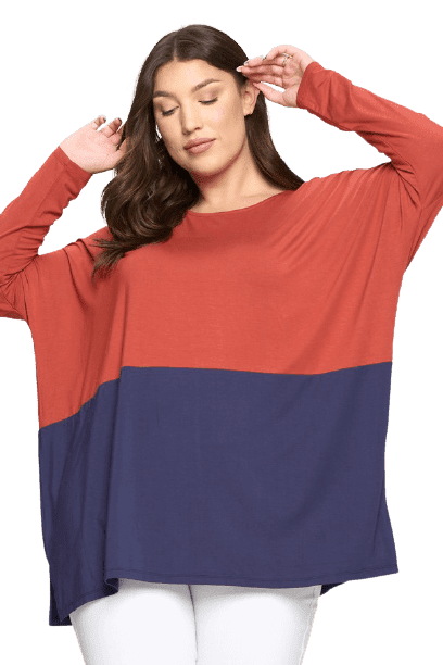 Women's Duo Split Color Dolman Sleeve Top, Rust / Navy XL