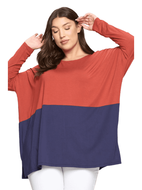 Women's Duo Split Color Dolman Sleeve Top, Rust / Navy XL