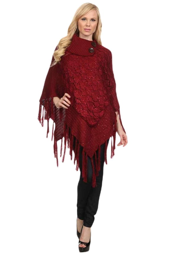 Women's Poncho, Sequence Crochet Knit, Wine Red, One Size