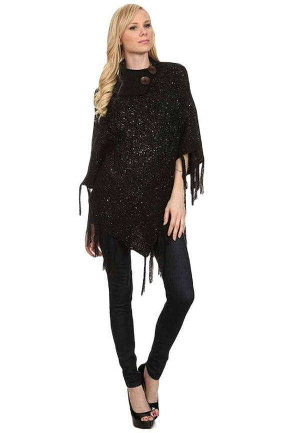 Women's Poncho, Sequinence Turtleneck, Black, One Size