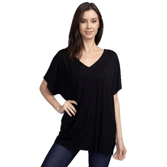 YELETE Women's Short Sleeve V-Neck Oversized Top, Black L