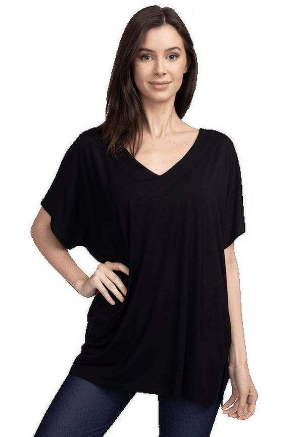Women's Short Sleeve V-Neck Oversized Top, Black S