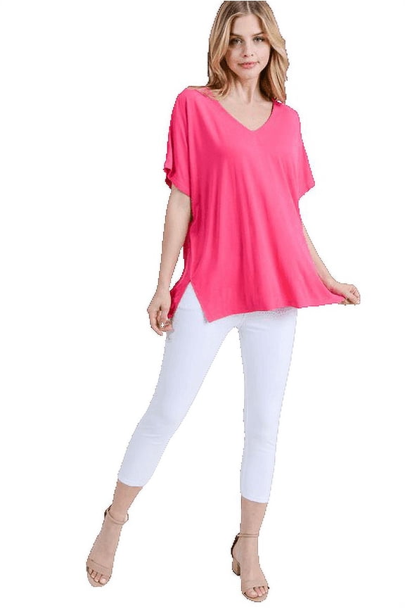 Women's Short Sleeve V-Neck Oversized Top, Fuchsia S
