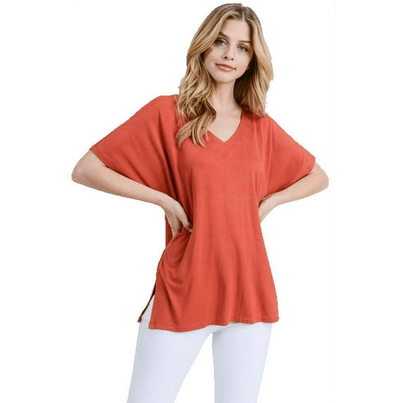 YELETE Women's Short Sleeve V-Neck Oversized Top, Rust S