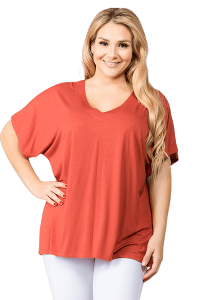 Women's Short Sleeve V-Neck Oversized Top, Rust XL