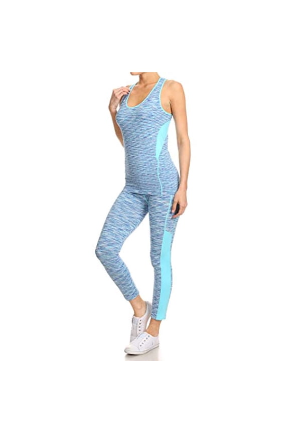 Women's Space Dye 2 Pc Set Racerback Tank Top + Leggings, Blue, M/L