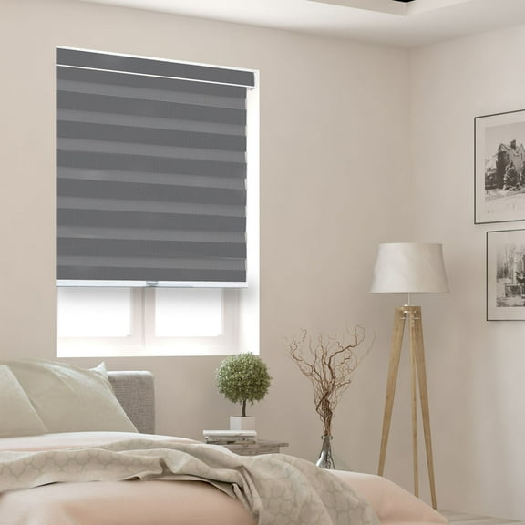 YELLOW BLINDS Gray Cordless Zebra Roller Shades for Windows, Dual Layer Light Filtering & Room Darkening, 46"W X 72"H, Modern Window Blinds with Cassette Valance, Easy Install, Safe for Kids & Pets