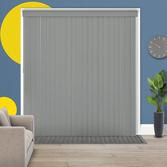 YELLOW BLINDS Grey Cordless PVC Vertical Blinds for Large Windows & Sliding Glass Doors, 78” W x 84” H, Light Filtering or Room Darkening, Easy Install, Modern Valance, Moisture-Resistant Shades