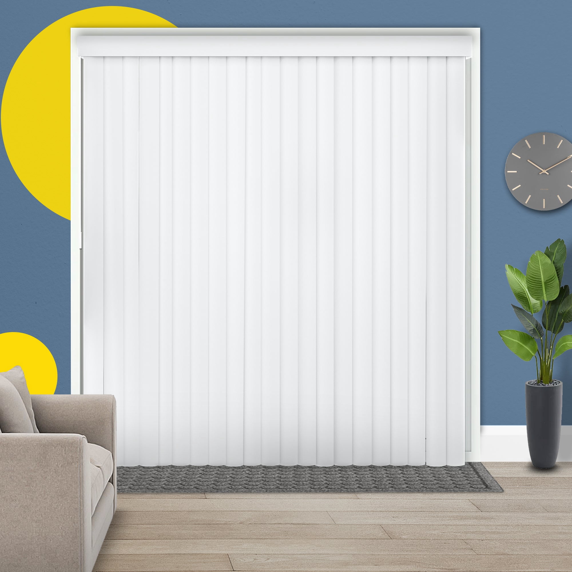 YELLOW BLINDS White Cordless PVC Vertical Blinds for Large Windows & Sliding Glass Doors, 78” W x 84” H, Light Filtering or Room Darkening, Easy Install, Modern Valance, Moisture-Resistant Shades