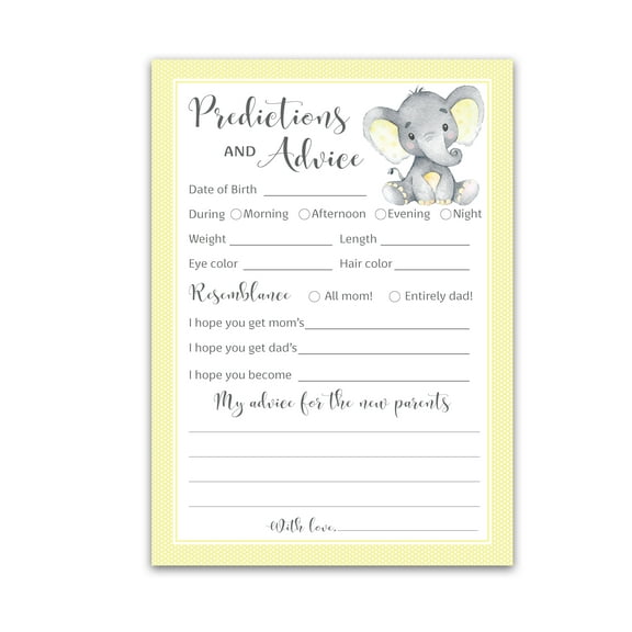 YELLOW ELEPHANT Prediction and Advice Cards - Pack of 25 - Girl Boy Baby Shower Games, New Parents, Mom & Dad to be, Mommy & Daddy Message, Couples Coed Shower Activity Keepsake Book YELLOW G521-PDAV