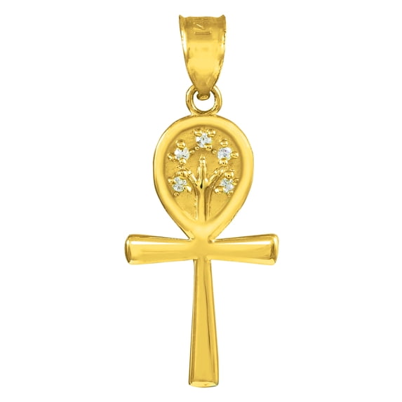 YELLOW GOLD ANKH CROSS TREE OF LIFE CZ PENDANT NECKLACE : 14K Pendant with 16" chain