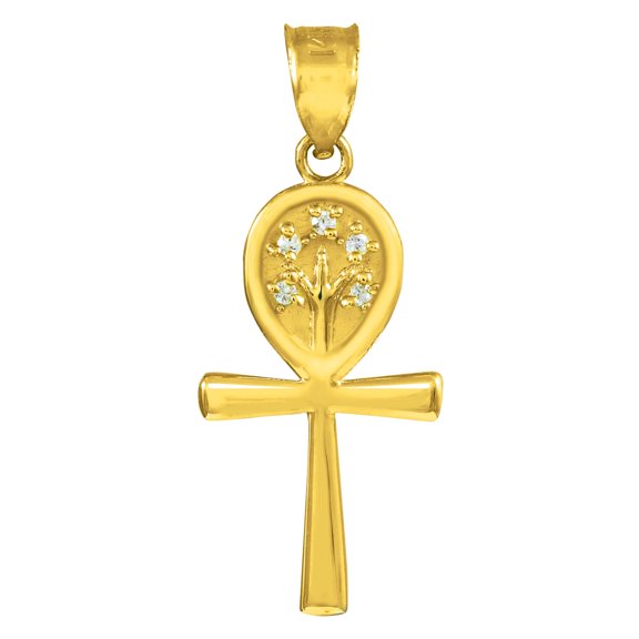 YELLOW GOLD ANKH CROSS TREE OF LIFE CZ PENDANT NECKLACE : 14K Pendant with 16" chain