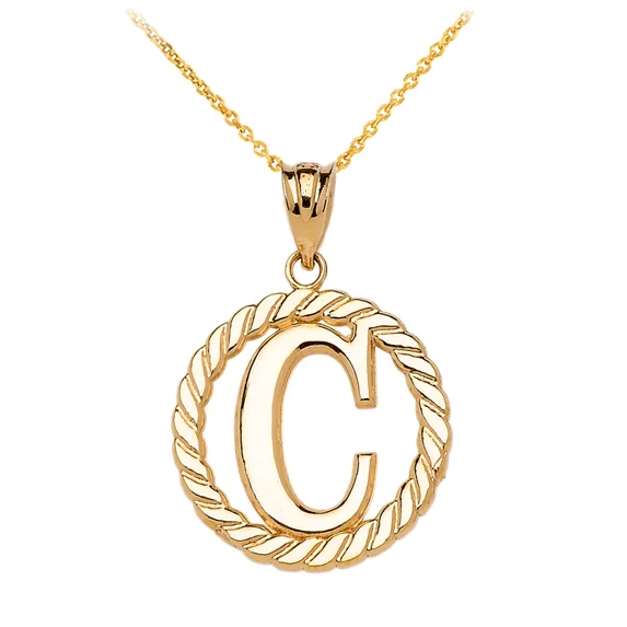 YELLOW GOLD "C" INITIAL IN ROPE CIRCLE PENDANT NECKLACE