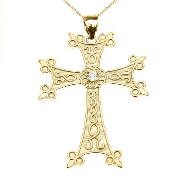 YELLOW GOLD ELEGANT ARMENIAN CROSS WITH ETERNITY CUBIC ZIRCONIA PENDANT NECKLACE (LARGE) : 10K Pendant with 18" chain