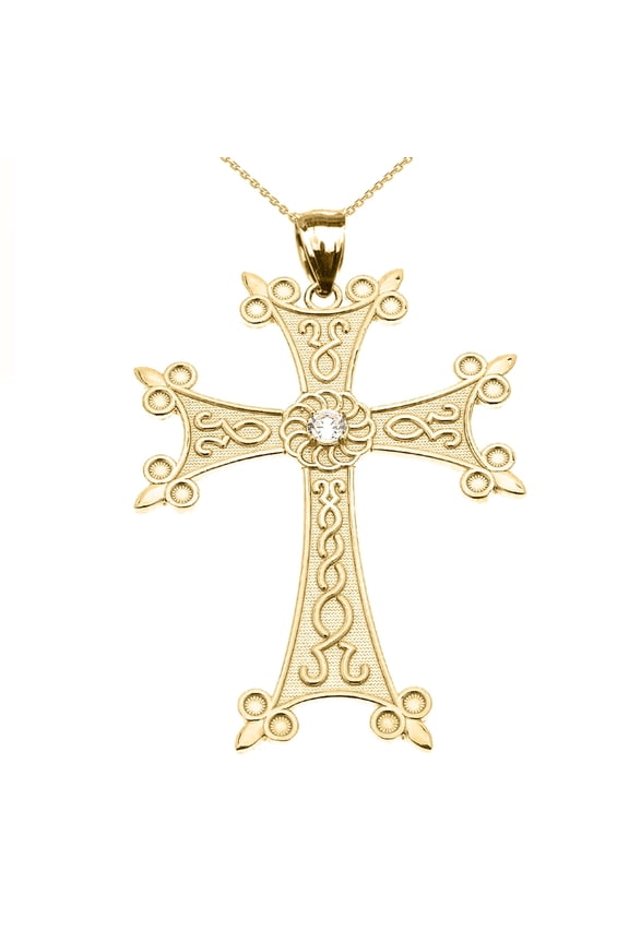 YELLOW GOLD ELEGANT ARMENIAN CROSS WITH ETERNITY CUBIC ZIRCONIA PENDANT NECKLACE (LARGE) :  14K  Pendant with 16" chain