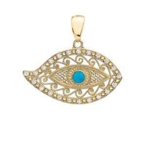YELLOW GOLD EVIL EYE CUBIC ZIRCONIA PENDANT NECKLACE WITH TURQUOISE CENTER STONE : 14K Pendant with 18" chain