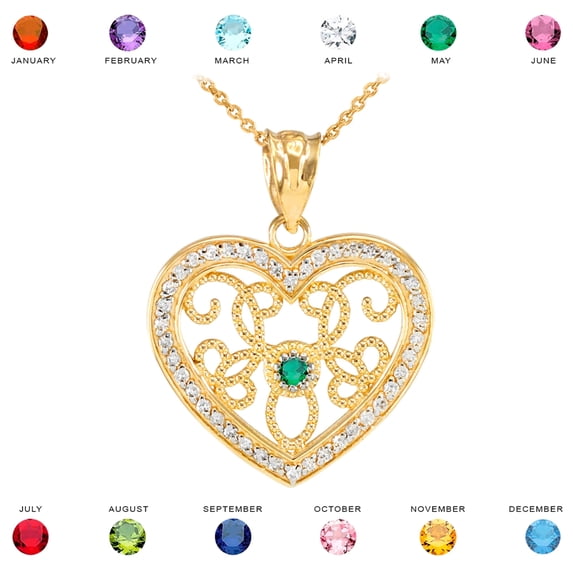 YELLOW GOLD FILIGREE HEART DIAMOND AND CZ PENDANT NECKLACE : 10K Pendant with 18" chain Amethyst (February)