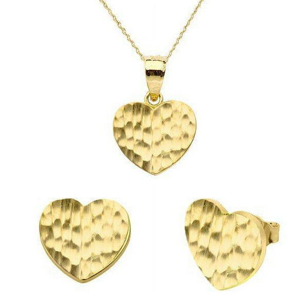 YELLOW GOLD HAMMERED HEART PENDANT NECKLACE SET : 10K Pendant with 22" chain