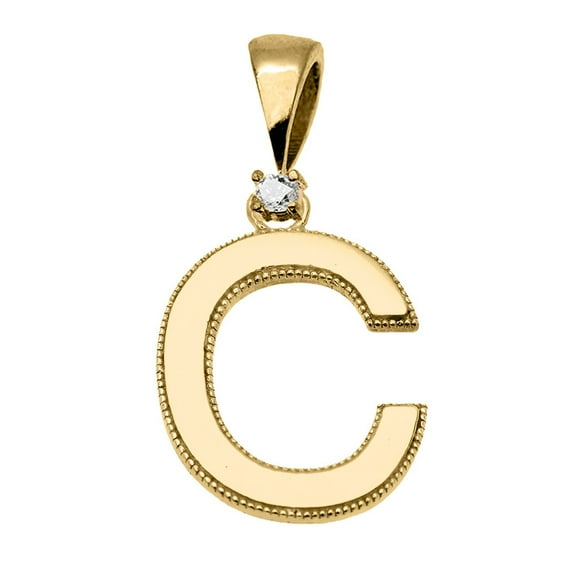 YELLOW GOLD HIGH POLISH MILGRAIN SOLITAIRE DIAMOND "C" INITIAL PENDANT NECKLACE : 10K Pendant with 18" chain