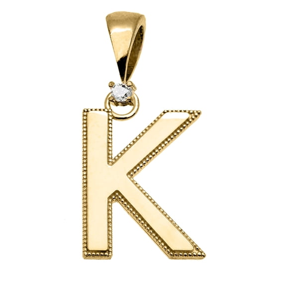 YELLOW GOLD HIGH POLISH MILGRAIN SOLITAIRE DIAMOND "K" INITIAL PENDANT NECKLACE : 14K Pendant with 16" chain