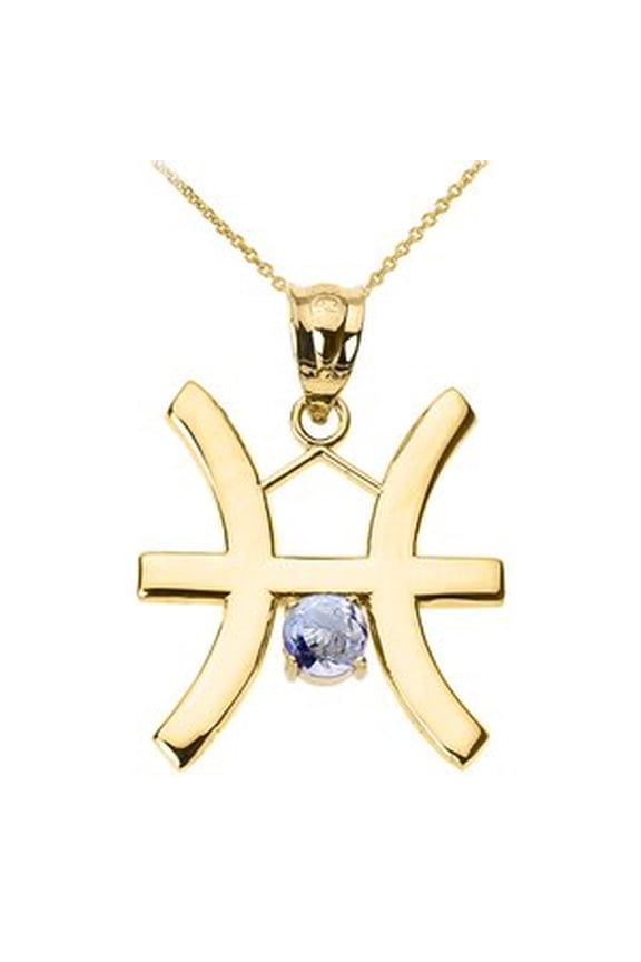 YELLOW GOLD PISCES ZODIAC SIGN MARCH BIRTHSTONE PENDANT NECKLACE - 10K, Pendant only