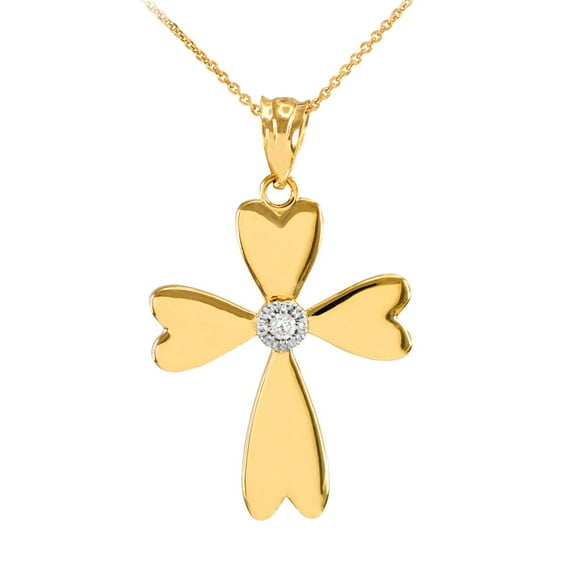 YELLOW GOLD SOLITAIRE DIAMOND HEART CROSS PENDANT NECKLACE : 14K Pendant with 22" chain