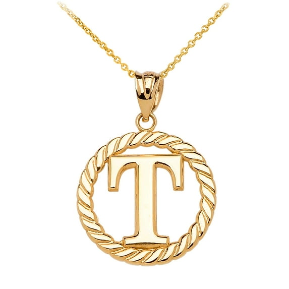 YELLOW GOLD "T" INITIAL IN ROPE CIRCLE PENDANT NECKLACE : 14K Pendant with 18" chain