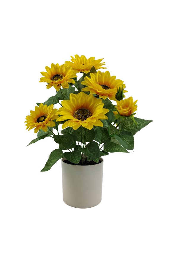 Indoor 15 in Artificial Polyester Sunflower in Plastic White Pot, Yellow Color.