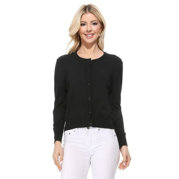 YEMAK Women's 3/4 Sleeve Crewneck Casual Stretchy Button Down Cardigan Sweater MK3554-BLK-M