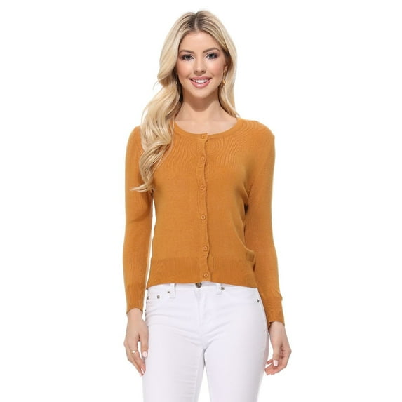 YEMAK Women's 3/4 Sleeve Crewneck Casual Stretchy Button Down Cardigan Sweater MK3554-BRZ-L