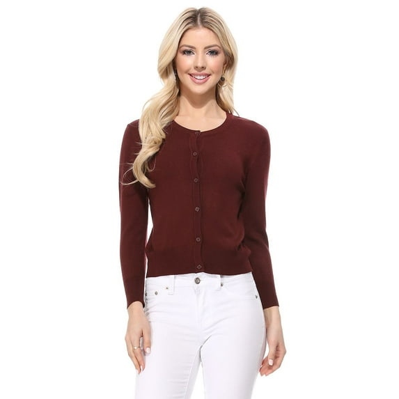 YEMAK Women's 3/4 Sleeve Crewneck Casual Stretchy Button Down Cardigan Sweater MK3554-BUR-L