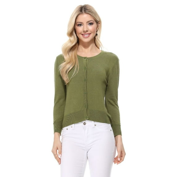 YEMAK Women's 3/4 Sleeve Crewneck Casual Stretchy Button Down Cardigan Sweater MK3554-SAG-M