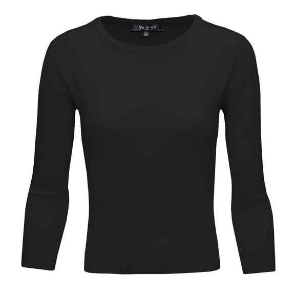 YEMAK Women's 3/4 Sleeve Crewneck Lightweight Basic Casual knit Pullover Sweater MK3636-BLK-L