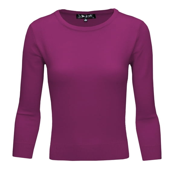 YEMAK Women's 3/4 Sleeve Crewneck Lightweight Basic Casual knit Pullover Sweater MK3636-PUP-L