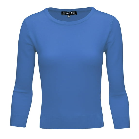 YEMAK Women's 3/4 Sleeve Crewneck Lightweight Basic Casual knit Pullover Sweater MK3636-VIO-L
