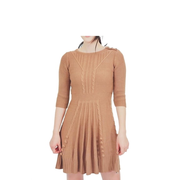 YEMAK Women's 3/4 Sleeve Crewneck Lovely Pompom Cabel Knit Sweater Midi Dress HB3137-CAM-M