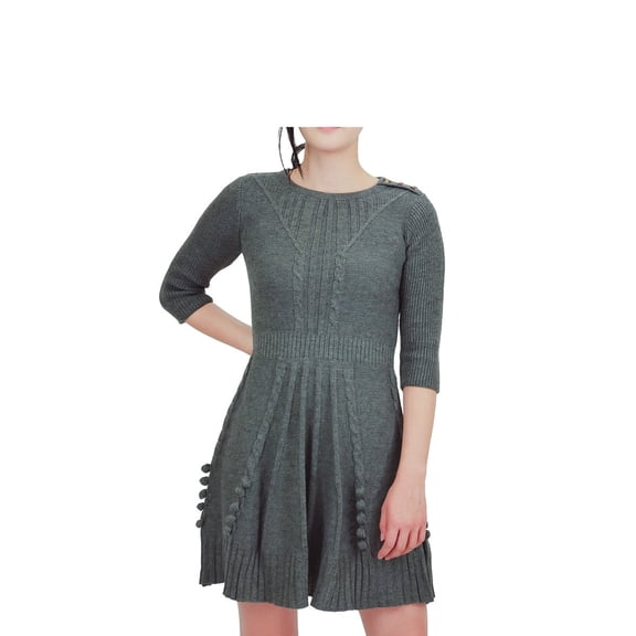 YEMAK Women's 3/4 Sleeve Crewneck Lovely Pompom Cabel Knit Sweater Midi Dress HB3137-HGR-M