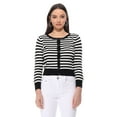 thumbnail image 1 of YEMAK Women's 3/4 Sleeve Crewneck Stripe Regular Fit Button-Down Sweater Cardigan-BLACK/IVORY-L, 1 of 9