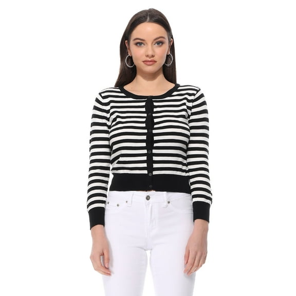 YEMAK Women's 3/4 Sleeve Crewneck Stripe Regular Fit Button-Down Sweater Cardigan-BLACK/IVORY-M