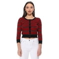 thumbnail image 1 of YEMAK Women's 3/4 Sleeve Crewneck Stripe Regular Fit Button-Down Sweater Cardigan-BLACK/RED-M, 1 of 9