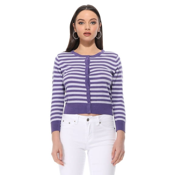 YEMAK Women's 3/4 Sleeve Crewneck Stripe Regular Fit Button-Down Sweater Cardigan-BLUEBERRY/LILAC-S