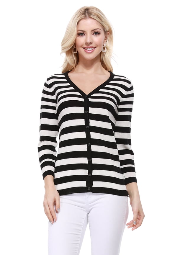 Women's 3/4 Sleeve V-Neck Stripe Regular Fit Button-Down Sweater Cardigan-BLACK-L